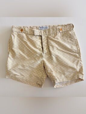 Men's luxury Frescobol Carioca Cream Gold geometric Patterned Swim Beach Shorts